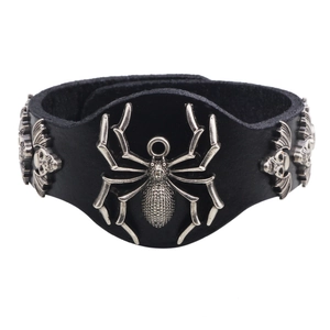 Bracelet en Cuir Véritable Punk Gothique pour Hommes Large Manchette Avec Araignée Crâne Chauve-souris en Alliage Bijoux Rock