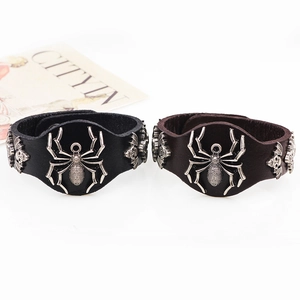 Bracelets en cuir véritable punk avec breloques araignée et crâne en métal argenté noir brun