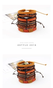 Detail of multi-layer leather braided bracelet set with adjustable drawstring closure