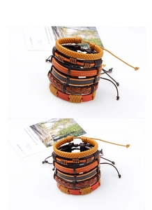 Detailed view of layered multi-color braided leather bracelets with adjustable sliding cords