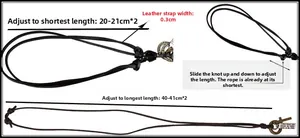 Detail view of adjustable leather cord necklace with dimensions and length adjustment guide