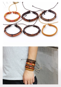Macro shot of 6-piece woven leather bracelet set showing mixed braids and adjustable ropes