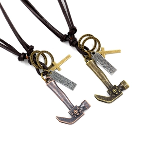 Vintage Punk Leather Cord Necklace For Men Alloy Hammer Skull Cross Pendant Distressed Bronze Copper Sweater Chain Jewelry
