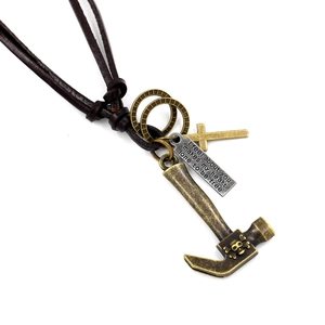 Punk leather necklace featuring vintage alloy hammer pendant with skull and cross charms