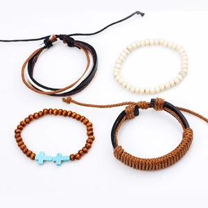 Lot de 4 bracelets vintage en cuir et perles de bois avec breloque croix bleue