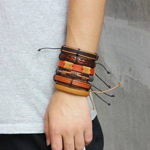 Handmade multilayer leather bracelet set with braided cords and adjustable ropes for men