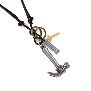 Punk vintage leather necklace featuring a bronze alloy hammer and cross pendant