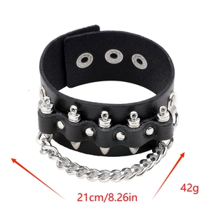 Punk leather bracelet with silver spikes, metal studs and heavy chain for men