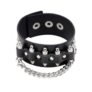 Punk black leather bracelet with silver metal spikes, rivets and decorative chains