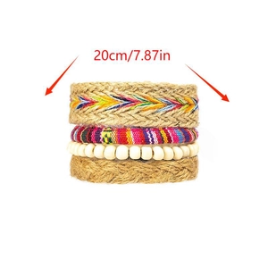 Bohemian woven rope bracelet set with colorful ethnic beads and natural fibers