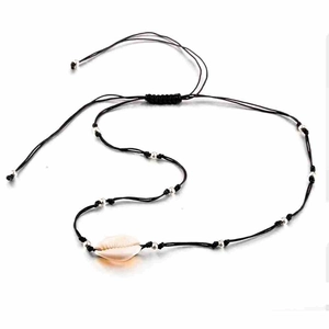 Handmade woven wax rope necklace with natural shell and silver beads, adjustable size