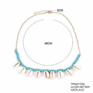 Turquoise and seashell beaded necklace with gold chain and adjustable lobster clasp
