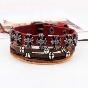 Multilayer leather bracelet with metal cross and wooden beads in vintage punk style