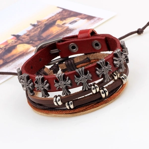 Retro punk multi-layer genuine leather bracelet with silver metal flower crosses