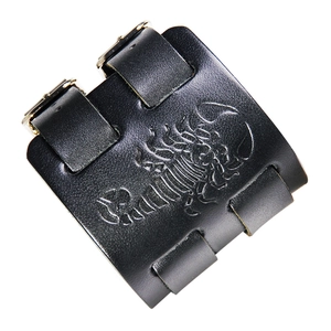 Retro vintage black leather scorpion embossed wide bracelet with double buckle straps