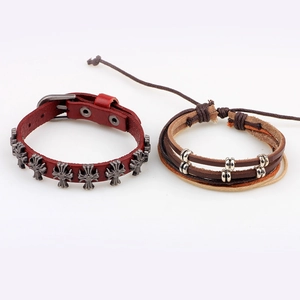 Handmade leather cross bracelet and woven beads strand wristband for men and women