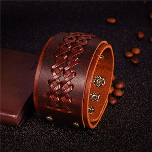 Vintage Punk Wide Leather Braided Bracelet Adjustable Snap Buttons Hand-woven Cowhide Bangle Rock Gothic Mens Wristband