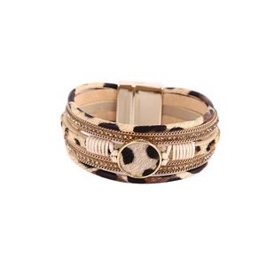 Close-up of multi-layer leopard print hair leather bracelet with golden rhinestone buckle