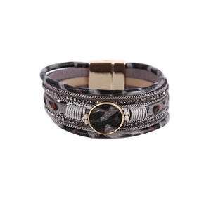 Multi-layer leopard print leather bracelet with horsehair texture and magnetic clasp