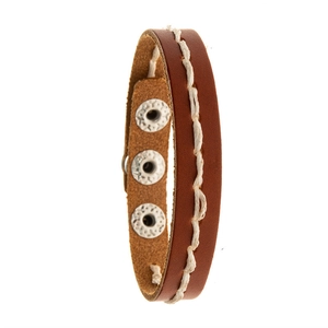 Detail of brown genuine leather bracelet with white stitching and three silver metal snaps