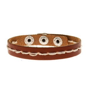 Brown braided leather bracelet with white stitching and adjustable silver metal snaps