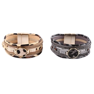 Bohemian Leopard Print Multi-Layer Leather Wrap Bracelet With Horse Hair Rhinestone Alloy Magnetic Clasp Unisex Jewelry
