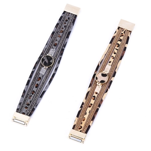 Bohemian multilayer leopard print leather bracelet with magnetic clasp and rhinestones