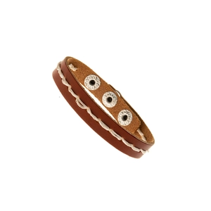 Detail view of brown braided leather bracelet featuring white stitching and snap buttons