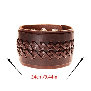 Men's handmade brown leather double-layer bracelet with 24cm braided strap and metal clasp