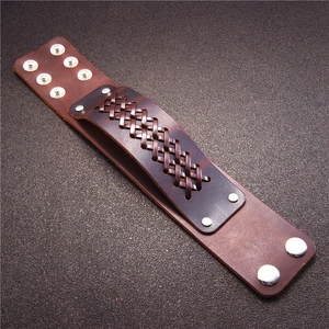 Mens vintage brown braided leather bracelet with silver rivets and adjustable snap buttons