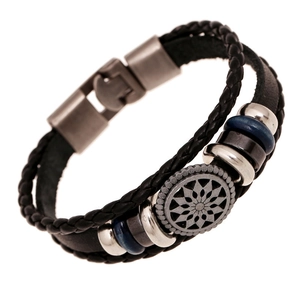 Bracelet multicouche en cuir pour hommes avec charme fleur de soleil vintage et fermoir magnétique