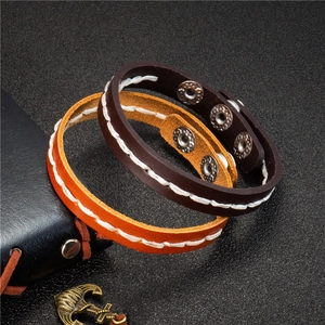 Vintage Cowhide Leather Bracelet Handmade Contrast Stitch Adjustable Metal Snap Cuff Punk Wristband Men Women Jewelry