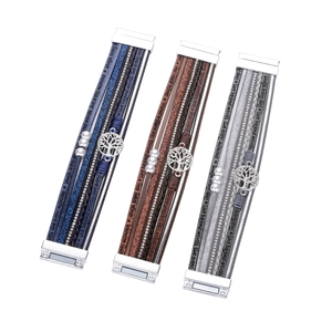 Multilayer leather bracelet with Tree of Life charm and magnetic clasp in three colors