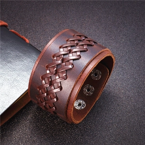 Men's double-layer brown braided leather bracelet with adjustable silver metal snaps