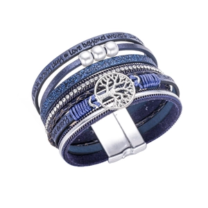 Blue multilayer bohemian leather bracelet with Tree of Life charm and magnetic clasp