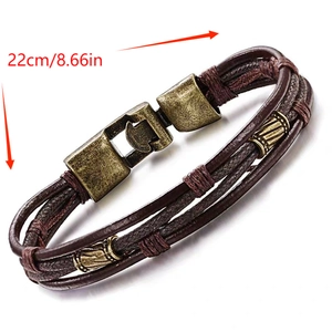 Bracelet multicouche en cuir tressé marron pour homme avec fermoir vintage, long de 22cm