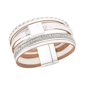 Bohemian multi-layer white leather cord bracelet with rhinestones and magnetic clasp