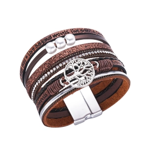 Multilayer bohemian tree of life leather wrap bracelet with pearls and magnetic clasp