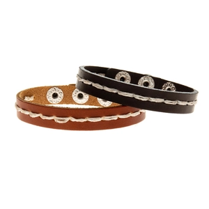 Handmade woven leather bracelet set in black and brown with adjustable metal snaps