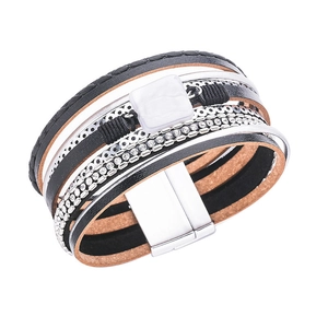 Multilayer leather wrap bracelet with marble charm, rhinestones and magnetic clasp
