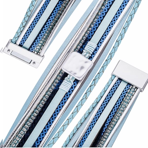 Bohemian multi-layer blue leather wrap bracelet with sparkling crystals and magnetic clasp