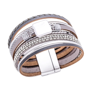 Bohemian Multi-Layer Leather Bracelet For Women Alloy Rhinestone Charm Woven Wrap Wristband Magnet Clasp Fashion Jewelry Gift