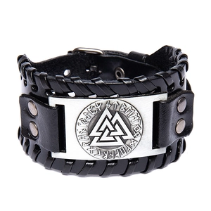 Vintage Viking Leather Bracelet For Men Wide Cuff Bracelet Nordic Valknut Rune Charm Adjustable Punk Gothic Wristband