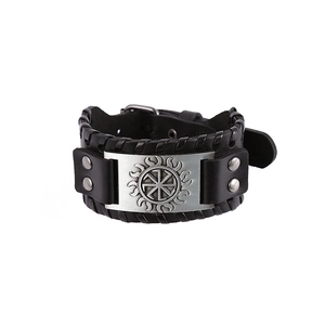 Men's vintage wide leather bracelet featuring a Viking sun symbol metal plate