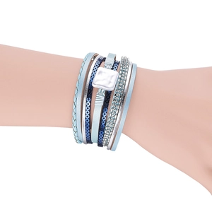 Multi-layer wrap bracelet with blue faux leather, shell accents and magnetic buckle