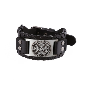 Adjustable wide black leather bracelet with vintage silver Celtic rune charms and studs