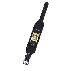 Adjustable black leather bracelet with Kolovrat sun wheel symbol on brass plate