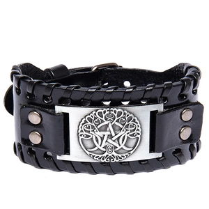 Bracelet Manchette Large en Cuir Vintage pour Hommes Femmes Tissé à la Main Punk Viking Arbre de Vie Pentagramme Métal Gaufré Bijoux