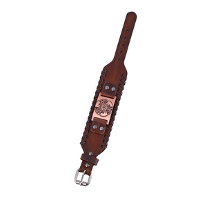 Adjustable Nordic Viking leather bracelet with bronze sun wheel plate and braided edges