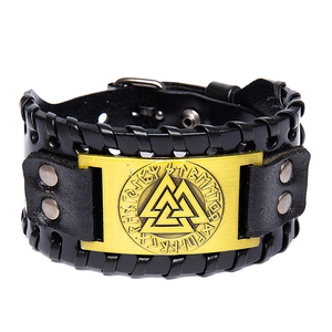 Viking Valknut leather bracelet with braided edges and rune metal charm